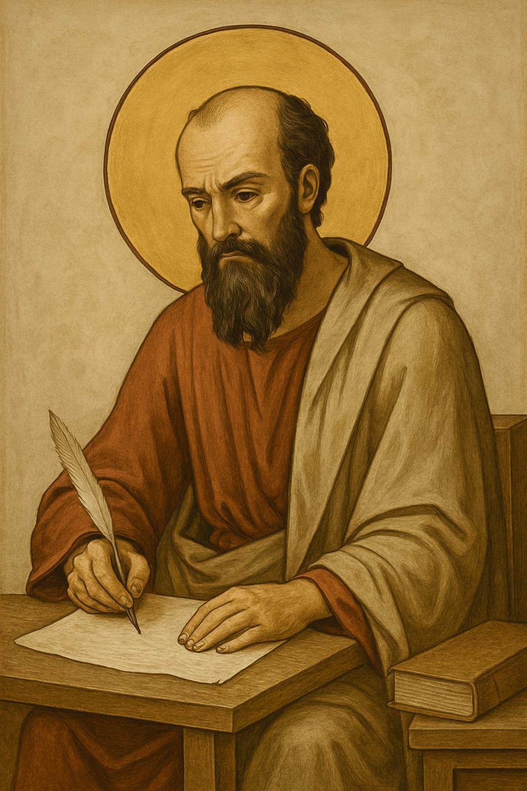 Real apostle Paul writing in the style of an early church painting