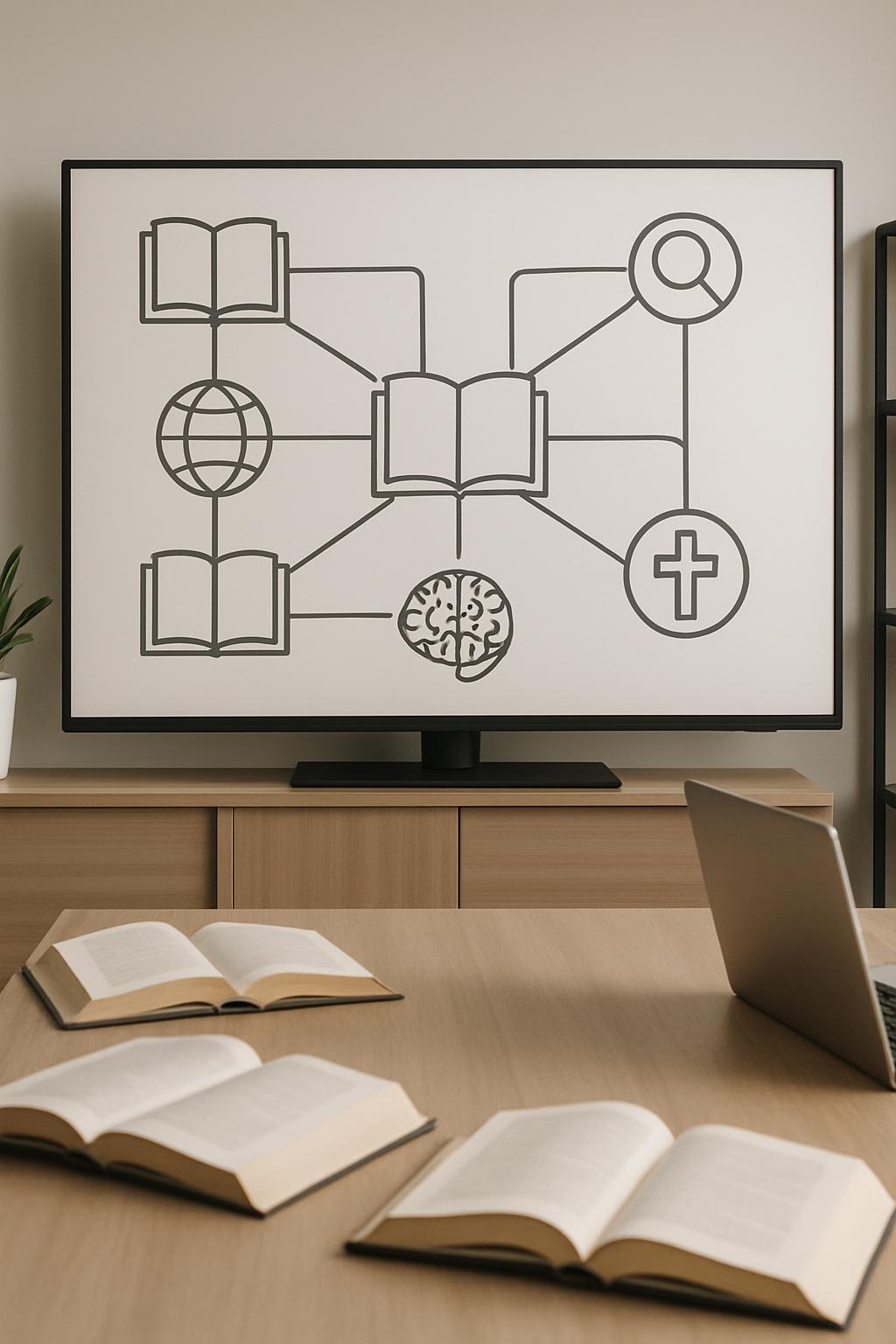 An illustration of various reading-related topics with connected icon visualizations displayed on a large TV screen in a c...