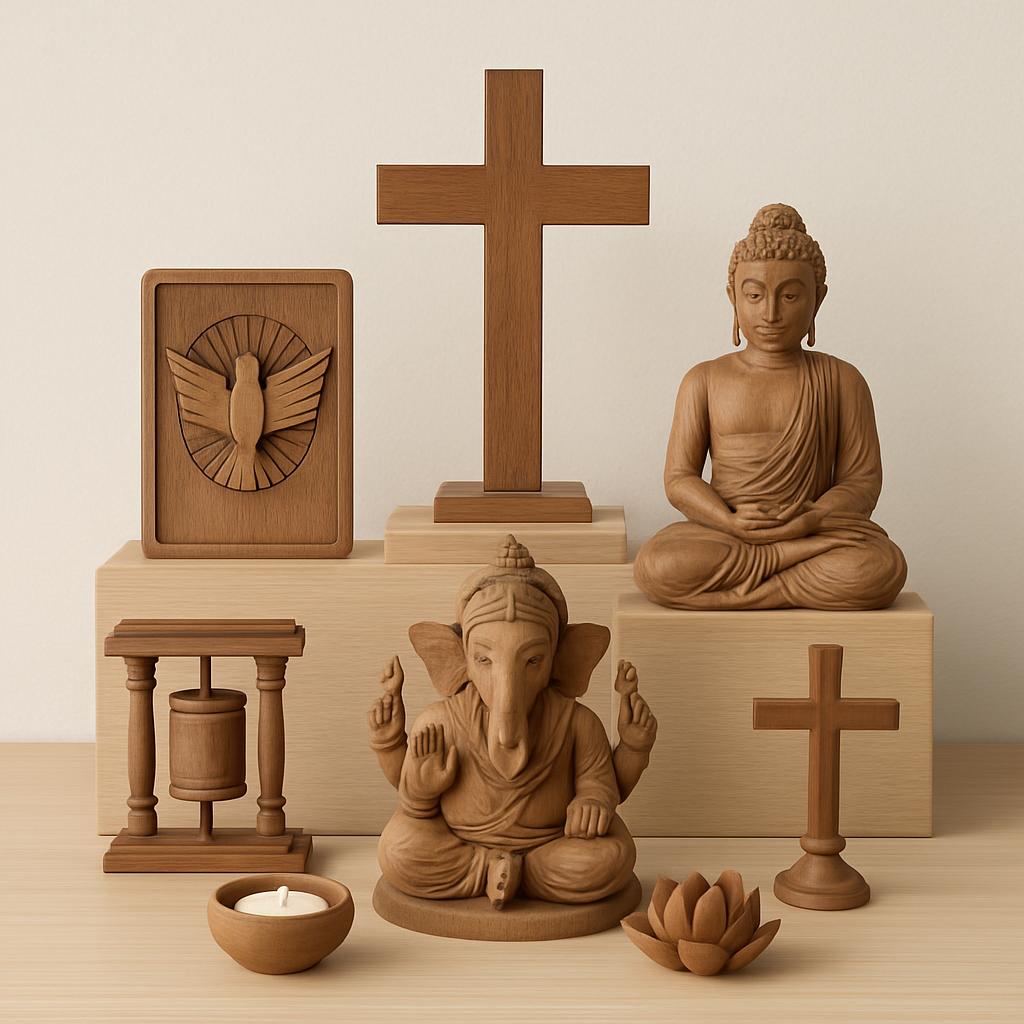 wooden statues of Buddha and Ganesh, with wooden crosse, bell, lamp and candles, on wooden planks with white wall background.