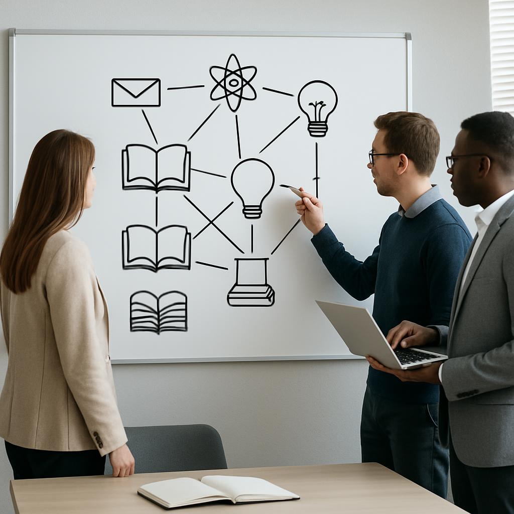 A person in glasses and a blue sweater holds a laptop and a marker, a man points to a whiteboard with black line drawings ...