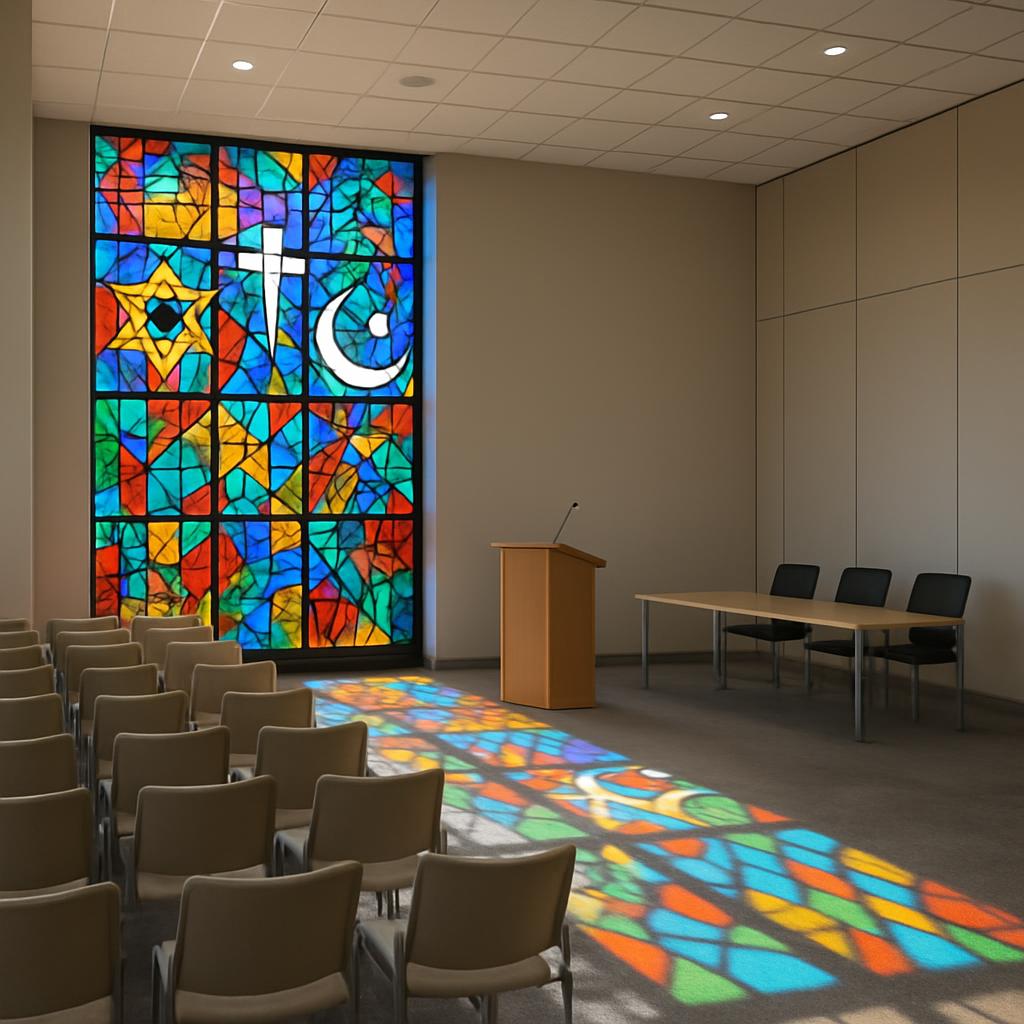 A brightly lit synagogue with a colorful stained glass window and rows of chairs, featuring a podium and wooden table and ...