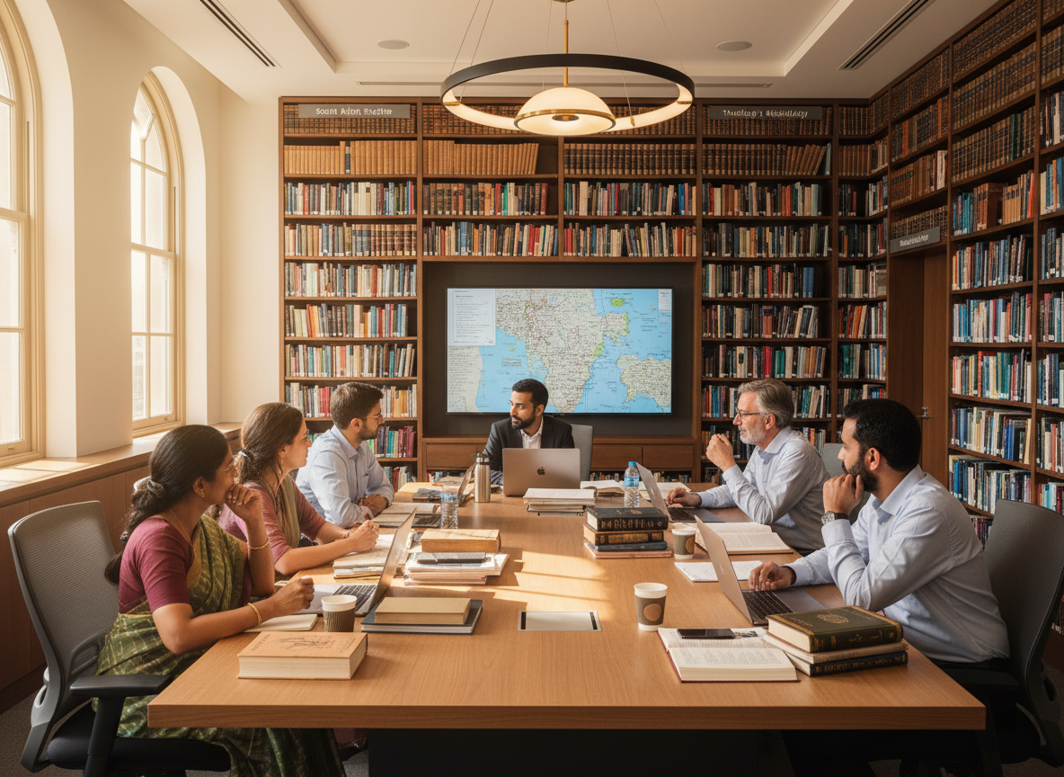 A realistic, high-resolution photo showing a diverse group of scholars in a modern library or study room, surrounded by books and laptops, engaged in theological and missiological research related to South Asia. Warm, natural lighting, professional and academic atmosphere.