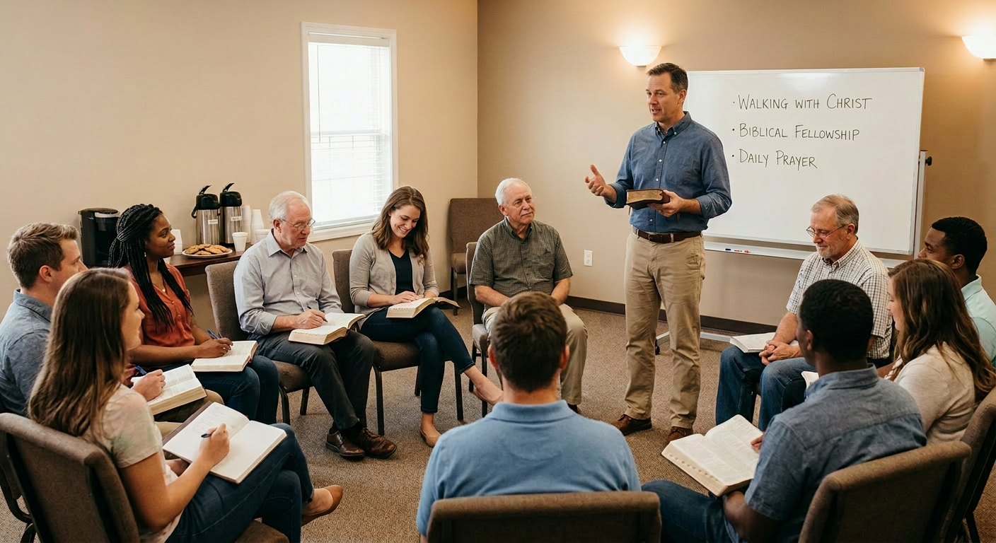 Adult ministry group in a Bible study session with a leader holding a Bible and a whiteboard listing topics