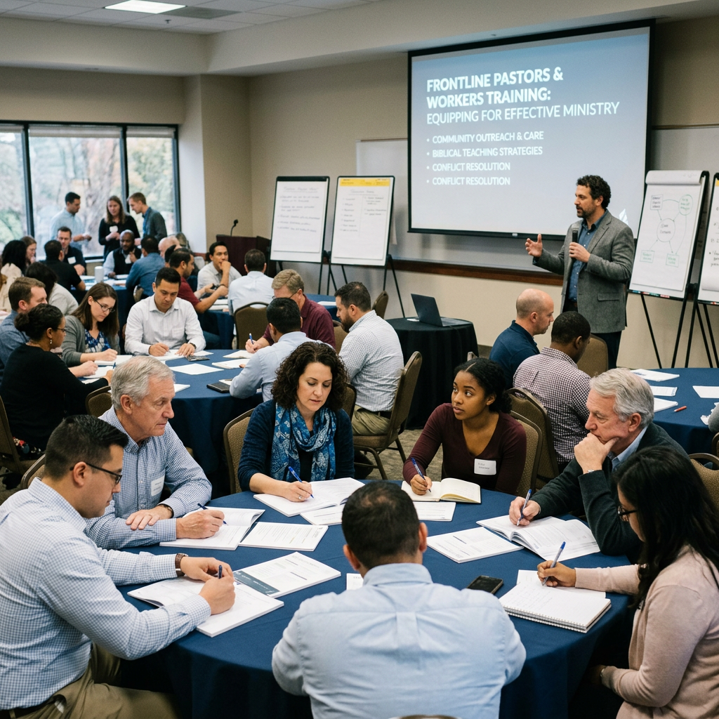 Group of diverse adults at round tables in a training session with a presenter speaking at front